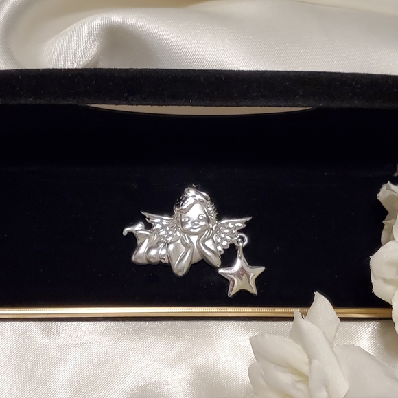 ❗️3/30$ Cute Vintage Brooch SIGNED A.J.C. Angel With Star ~ Brooch Silver Tone - Picture 4 of 5